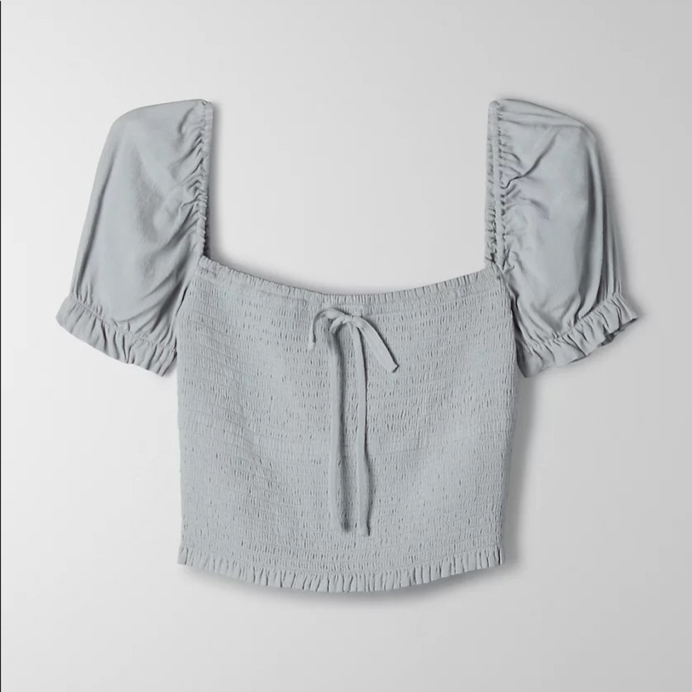 Smocked, cropped, puff-sleeve blouse